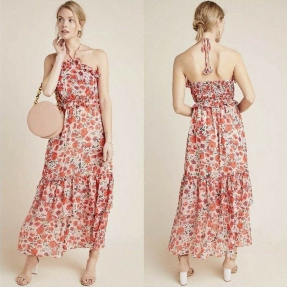 MISA Gia cream red orange poppy floral ruffle trim halter maxi dress size XS